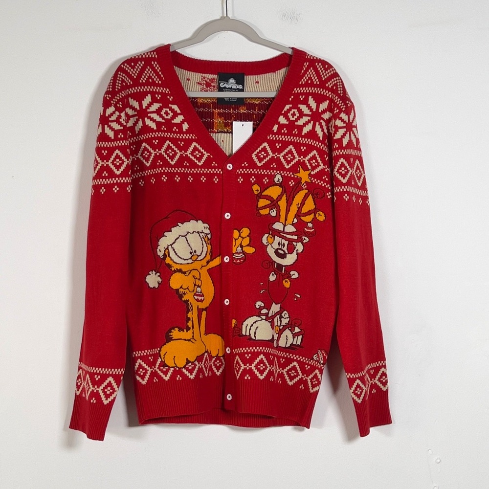 Garfield & Odie Cardigan Christmas Ugly Sweate Red Buttop Up